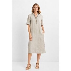 Chicos $169 Khaki Rhinestone Linen Tunic Maxi Dress 3 US16/18 Resort Costal Boho